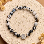 Fortune Jewel 925 Sterling Silver Black and White Cat Fire Agate Bead Love Bracelet Fortune Jewel