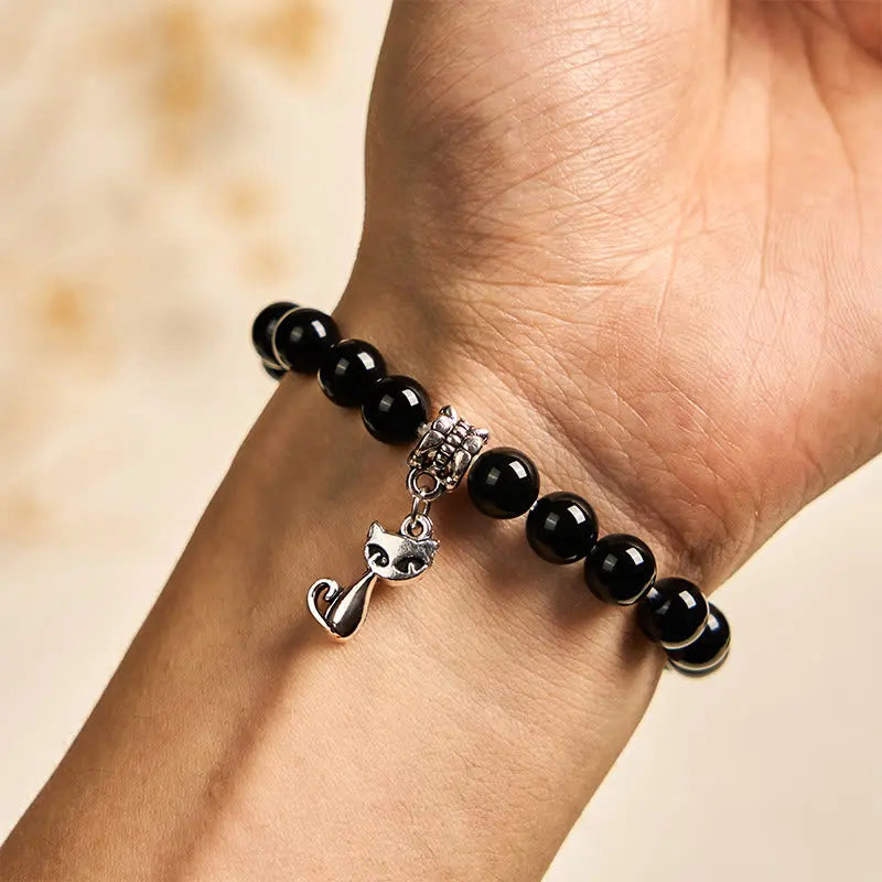 Fortune Jewel Black Cat Natural Black Onyx Kitten Support Bracelet Fortune Jewel