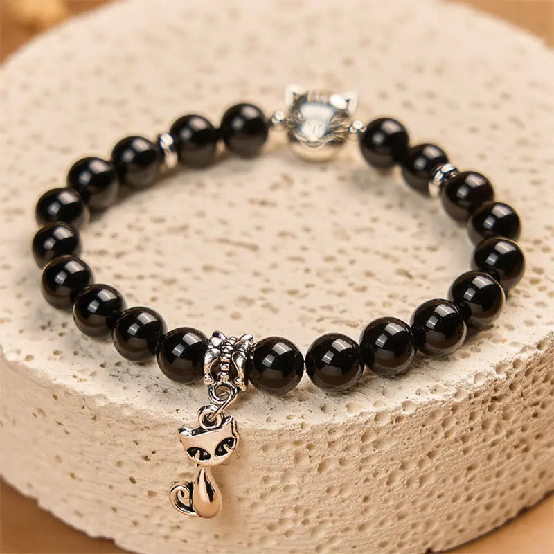 Fortune Jewel Black Cat Natural Black Onyx Kitten Support Bracelet Fortune Jewel