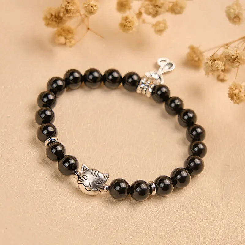 Fortune Jewel Black Cat Natural Black Onyx Kitten Support Bracelet Fortune Jewel