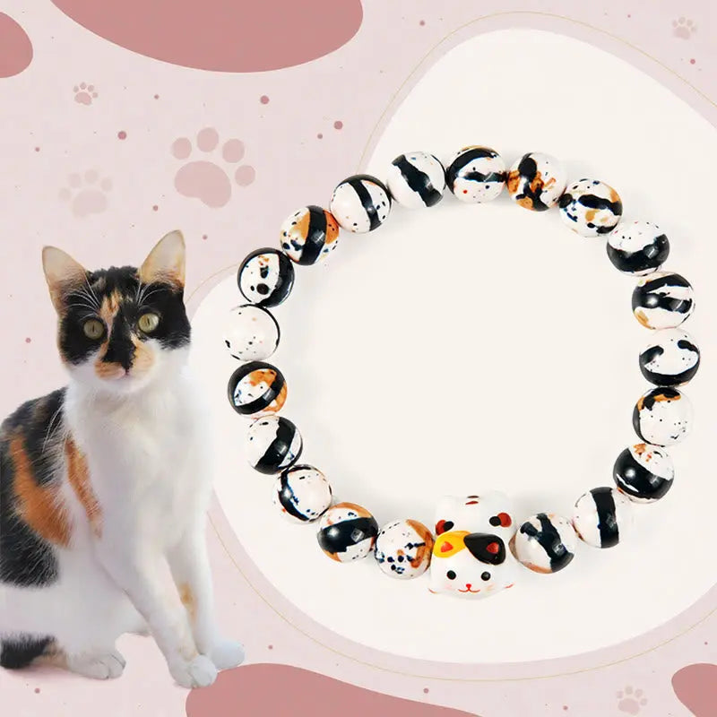 Fortune Jewel Calico Cat Natural Stone Ceramic Kitten Head Strength Bracelet Fortune Jewel