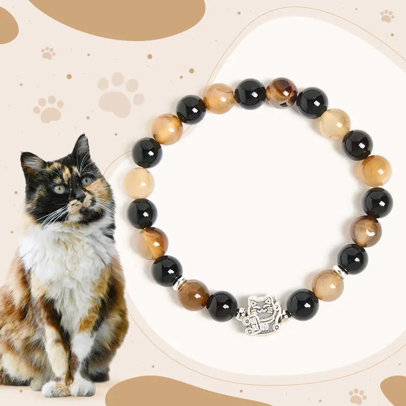 Fortune Jewel 925 Sterling Silver Tortoiseshell Cat Light Brown Striped Agate Black Onyx Bracelet Fortune Jewel