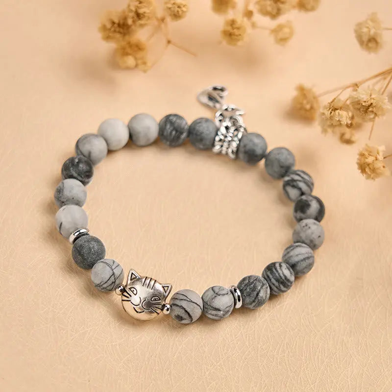 Fortune Jewel Grey Tabby Cat Natural Black Veined Jasper Strength Bracelet Fortune Jewel