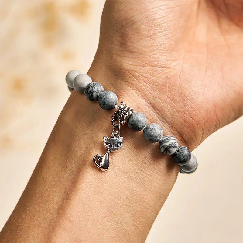 Fortune Jewel Grey Tabby Cat Natural Black Veined Jasper Strength Bracelet Fortune Jewel