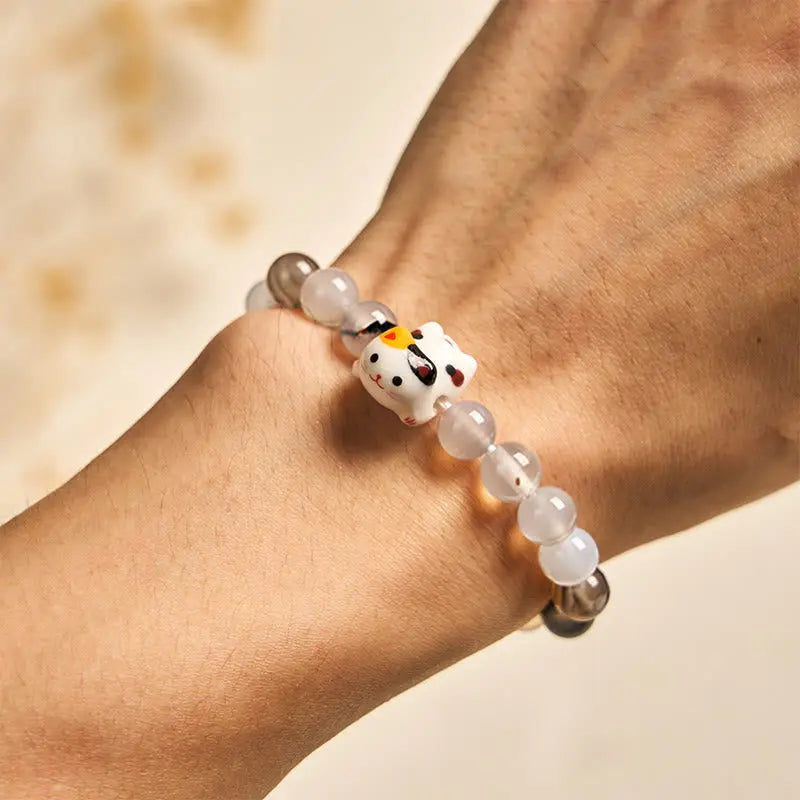 Fortune Jewel Calico Cat Natural Agate Stone Ceramic Kitten Head Power Bracelet Fortune Jewel