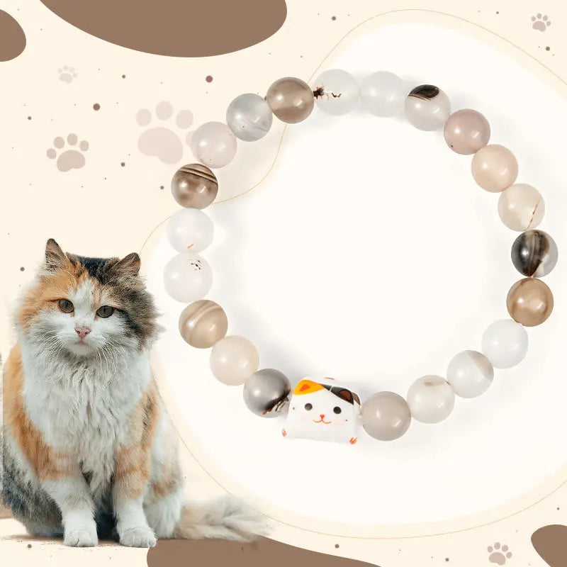 Fortune Jewel Calico Cat Natural Agate Stone Ceramic Kitten Head Power Bracelet Fortune Jewel