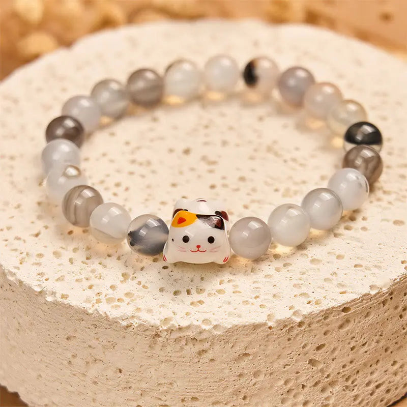 Fortune Jewel Calico Cat Natural Agate Stone Ceramic Kitten Head Power Bracelet Fortune Jewel