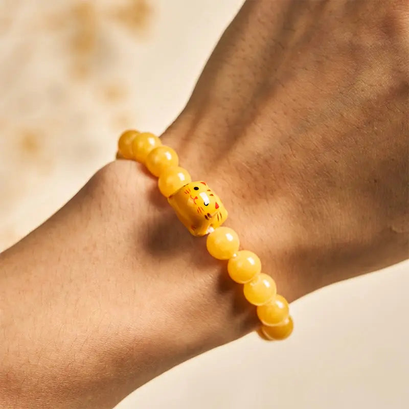 Fortune Jewel Orange Tabby Cat Yellow Chalcedony Ceramic Kitten Joy Bracelet Fortune Jewel