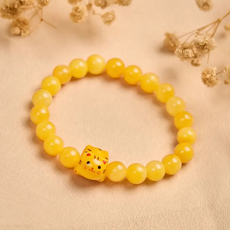 Fortune Jewel Orange Tabby Cat Yellow Chalcedony Ceramic Kitten Joy Bracelet Fortune Jewel