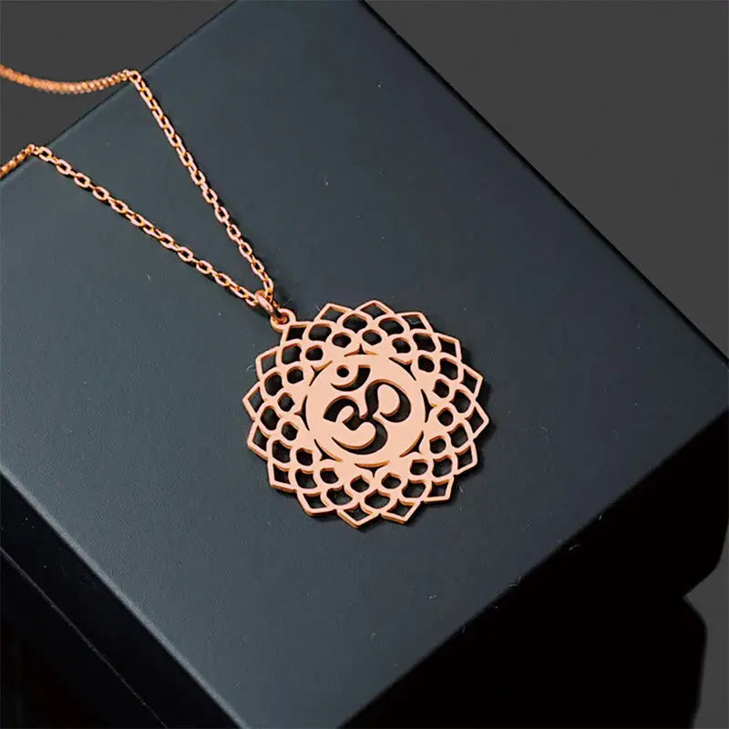Fortune Jewel Hollow Lotus Design Om Symbol Stainless Steel Connection Necklace Pendant Fortune Jewel