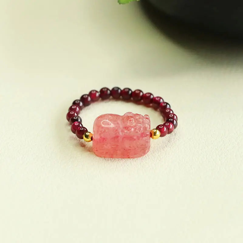 Fortune Jewel Garnet Beads Strawberry Quartz Pixiu Protection Ring Fortune Jewel