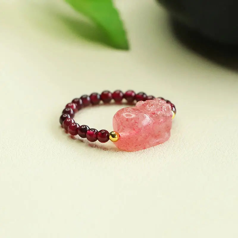 Fortune Jewel Garnet Beads Strawberry Quartz Pixiu Protection Ring Fortune Jewel