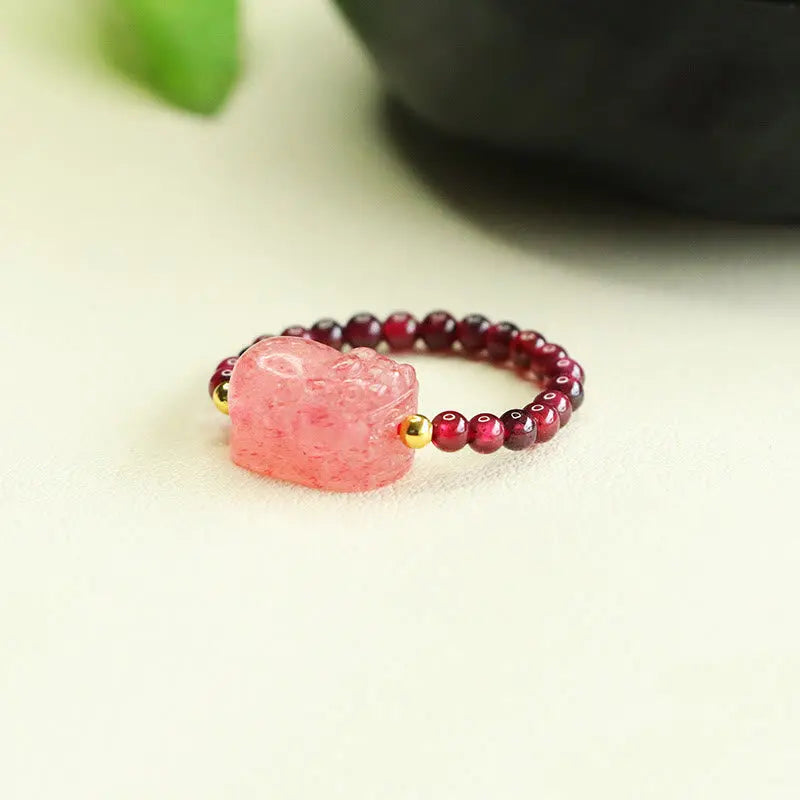 Fortune Jewel Garnet Beads Strawberry Quartz Pixiu Protection Ring Fortune Jewel