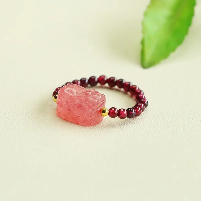 Fortune Jewel Garnet Beads Strawberry Quartz Pixiu Protection Ring Fortune Jewel