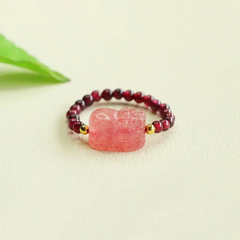 Fortune Jewel Garnet Beads Strawberry Quartz Pixiu Protection Ring Fortune Jewel