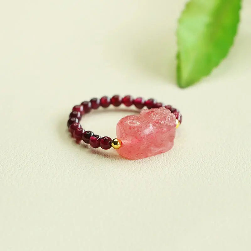 Fortune Jewel Garnet Beads Strawberry Quartz Pixiu Protection Ring Fortune Jewel
