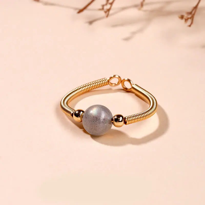 Fortune Jewel Natural Stone Bead Alloy Healing Open Ring Fortune Jewel