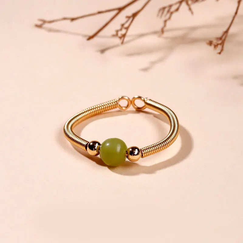 Fortune Jewel Natural Stone Bead Alloy Healing Open Ring Fortune Jewel