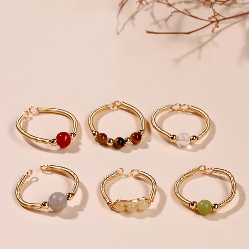 Fortune Jewel Natural Stone Bead Alloy Healing Open Ring Fortune Jewel