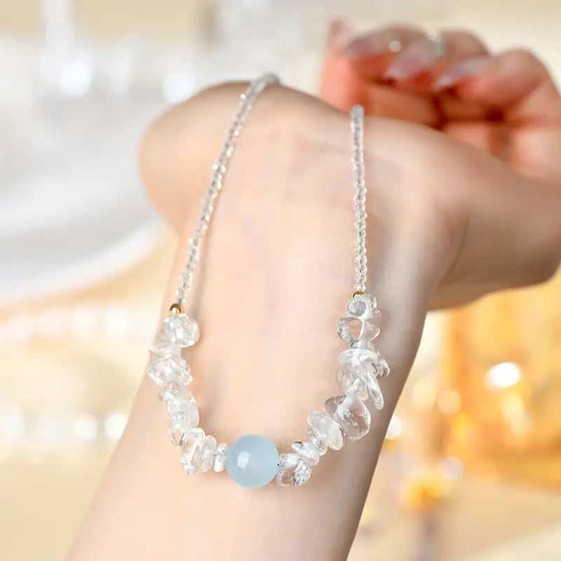 Fortune Jewel Irregular White Crystal Aquamarine Bead Healing Necklace Pendant Fortune Jewel