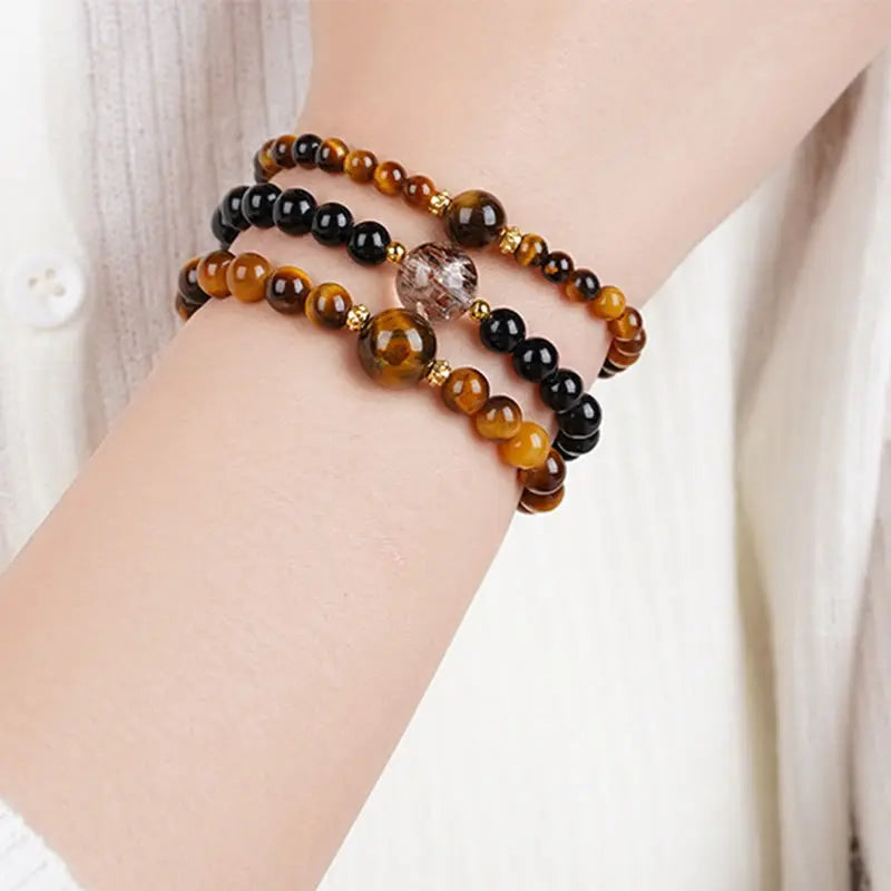 Fortune Jewel Tiger Eye Black Obsidian Courage Beads Bracelet Fortune Jewel