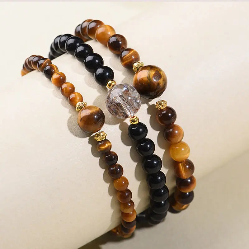 Fortune Jewel Tiger Eye Black Obsidian Courage Beads Bracelet Fortune Jewel