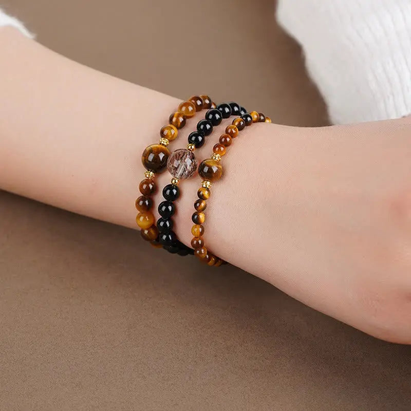Fortune Jewel Tiger Eye Black Obsidian Courage Beads Bracelet Fortune Jewel