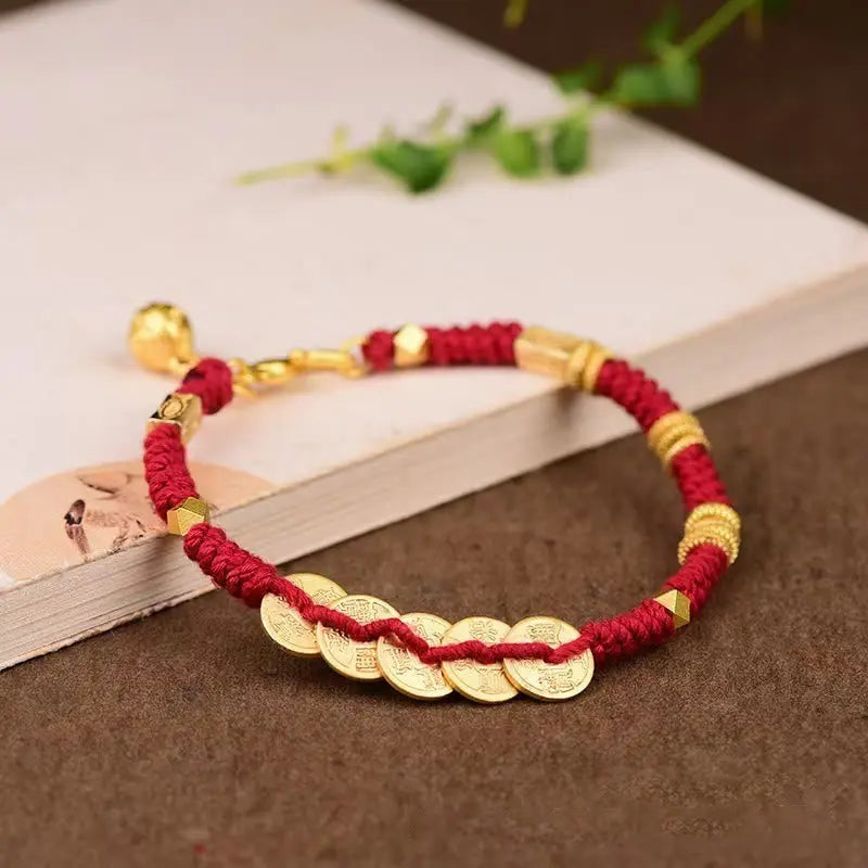 Fortune Jewel Handmade Five Emperor Coins Wealth String Braided Bracelet Fortune Jewel