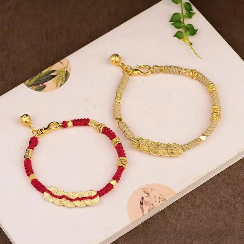 Fortune Jewel Handmade Five Emperor Coins Wealth String Braided Bracelet Fortune Jewel