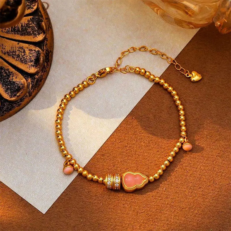 Fortune Jewel Copper Brass Plated 24k Gold Beads Gourd Wealth Bracelet Fortune Jewel