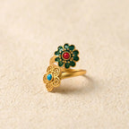 Fortune Jewel Double Petals Copper Dripping Turquoise Wealth Ring Fortune Jewel