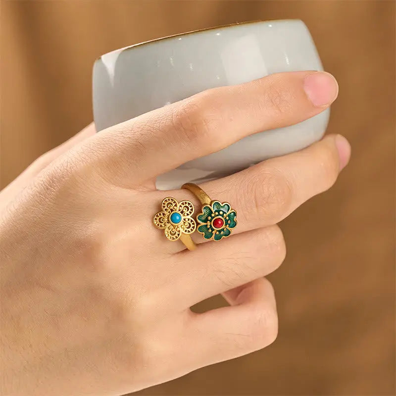 Fortune Jewel Double Petals Copper Dripping Turquoise Wealth Ring Fortune Jewel