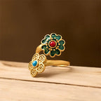 Fortune Jewel Double Petals Copper Dripping Turquoise Wealth Ring Fortune Jewel