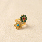 Fortune Jewel Double Petals Copper Dripping Turquoise Wealth Ring Fortune Jewel