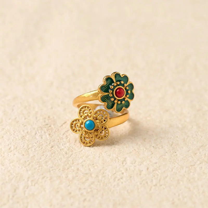 Fortune Jewel Double Petals Copper Dripping Turquoise Wealth Ring Fortune Jewel