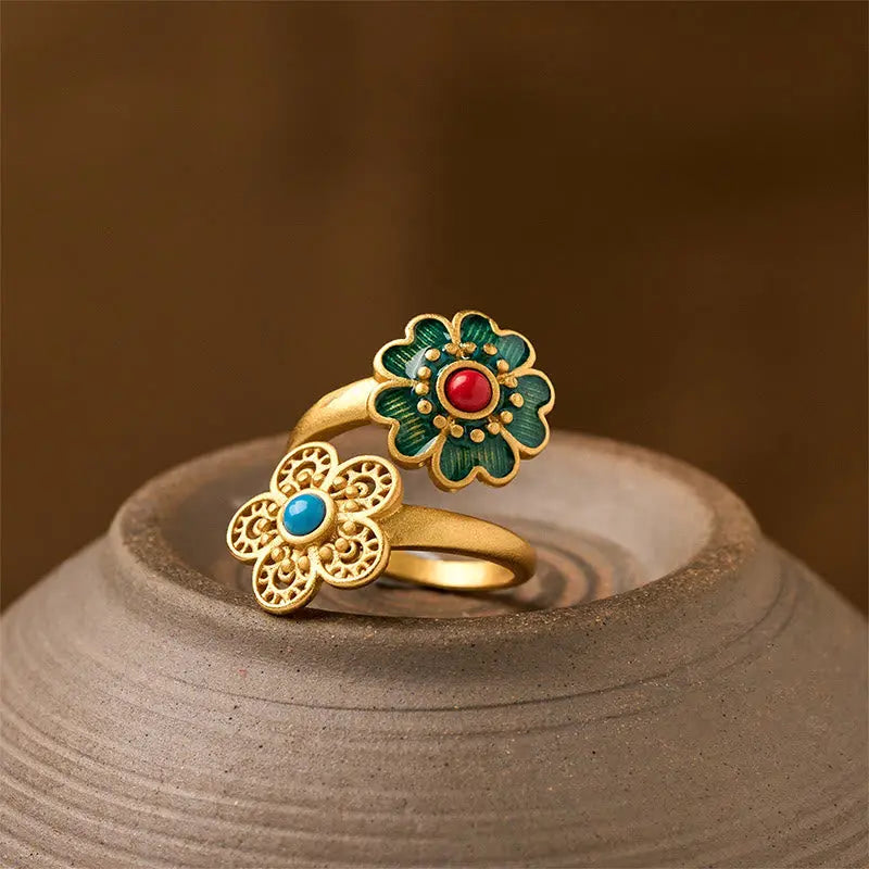 Fortune Jewel Double Petals Copper Dripping Turquoise Wealth Ring Fortune Jewel