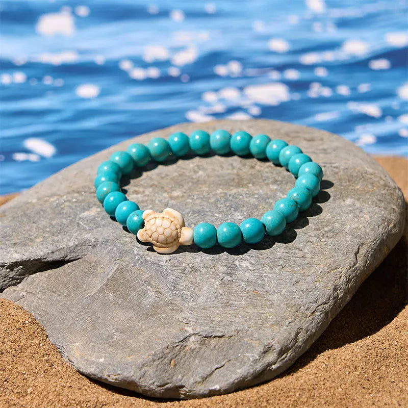 Fortune Jewel Natural Stone Sea Turtle Turquoise Crackle Agate Wisdom Bracelet Fortune Jewel