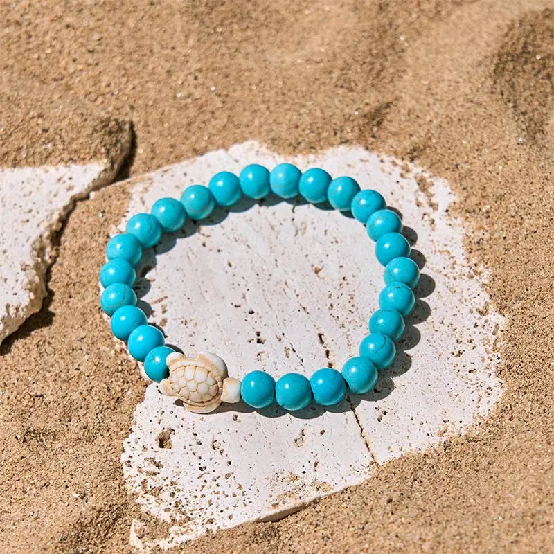 Fortune Jewel Natural Stone Sea Turtle Turquoise Crackle Agate Wisdom Bracelet Fortune Jewel