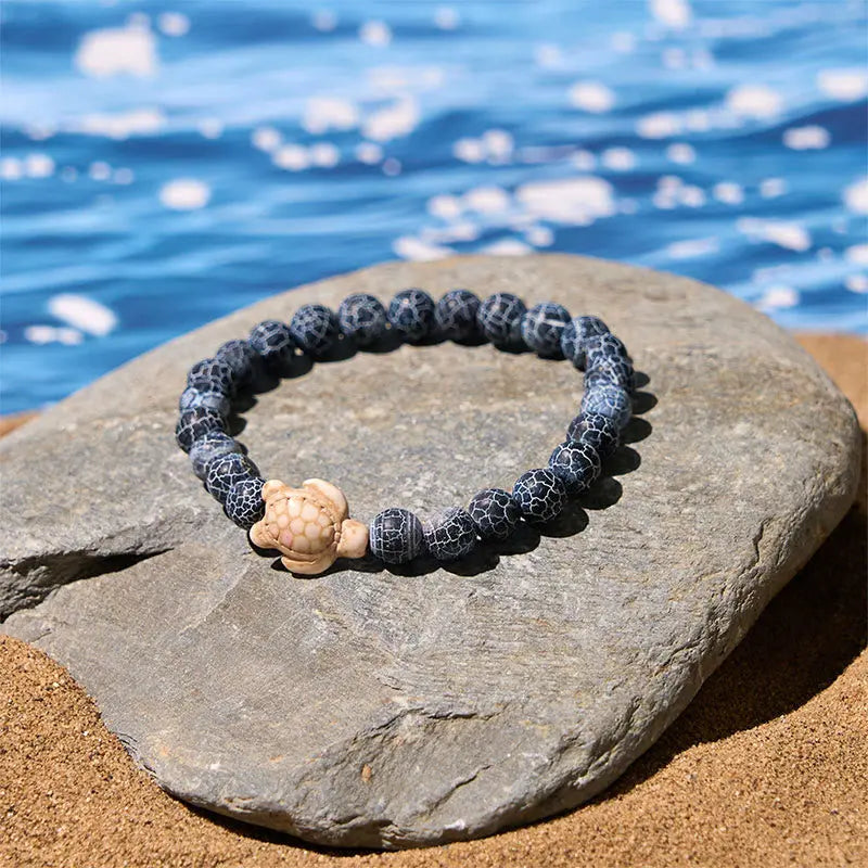 Fortune Jewel Natural Stone Sea Turtle Turquoise Crackle Agate Wisdom Bracelet Fortune Jewel