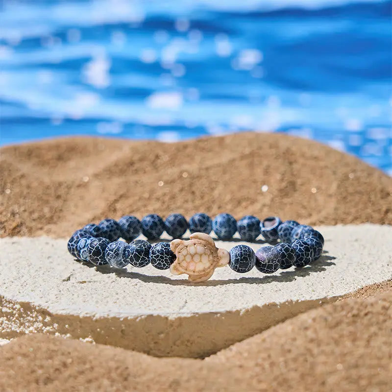Fortune Jewel Natural Stone Sea Turtle Turquoise Crackle Agate Wisdom Bracelet Fortune Jewel