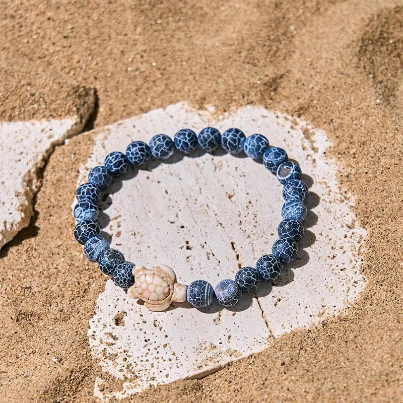 Fortune Jewel Natural Stone Sea Turtle Turquoise Crackle Agate Wisdom Bracelet Fortune Jewel