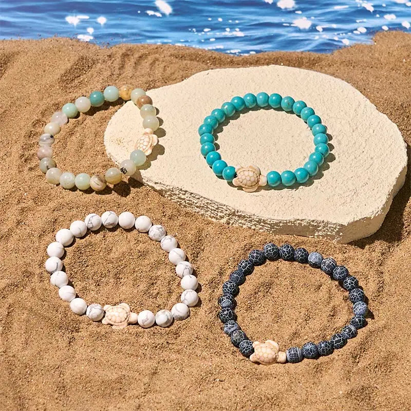 Fortune Jewel Natural Stone Sea Turtle Turquoise Crackle Agate Wisdom Bracelet Fortune Jewel