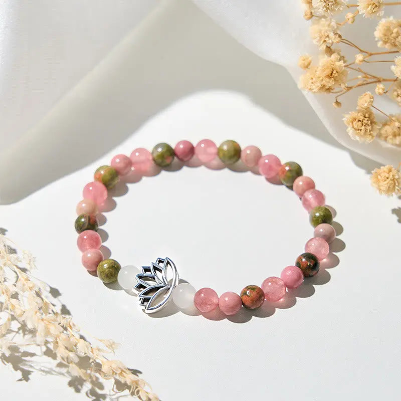 Fortune Jewel Rhodonite Unakite Beads Lotus Healing Bracelet Fortune Jewel