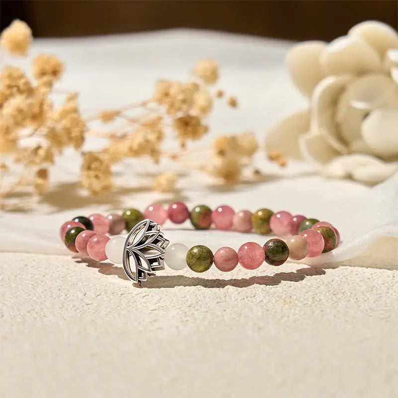 Fortune Jewel Rhodonite Unakite Beads Lotus Healing Bracelet Fortune Jewel