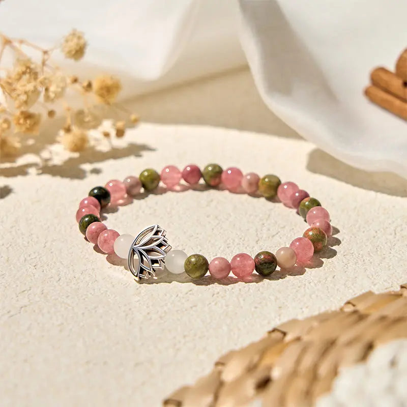 Fortune Jewel Rhodonite Unakite Beads Lotus Healing Bracelet Fortune Jewel