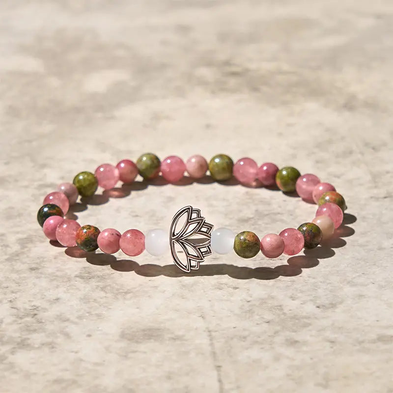 Fortune Jewel Rhodonite Unakite Beads Lotus Healing Bracelet Fortune Jewel