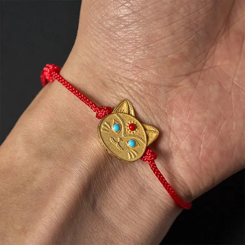 Fortune Jewel 925 Sterling Silver Cat Red String Bracelet Fortune Jewel