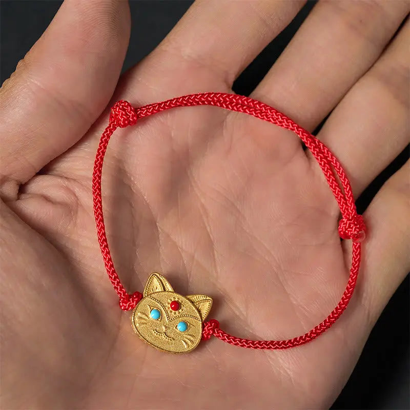 Fortune Jewel 925 Sterling Silver Cat Red String Bracelet Fortune Jewel