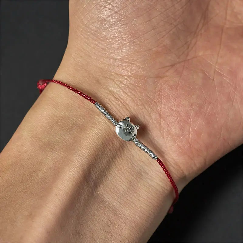 Fortune Jewel 925 Sterling Silver Cute Cat Red String Braided Bracelet Fortune Jewel