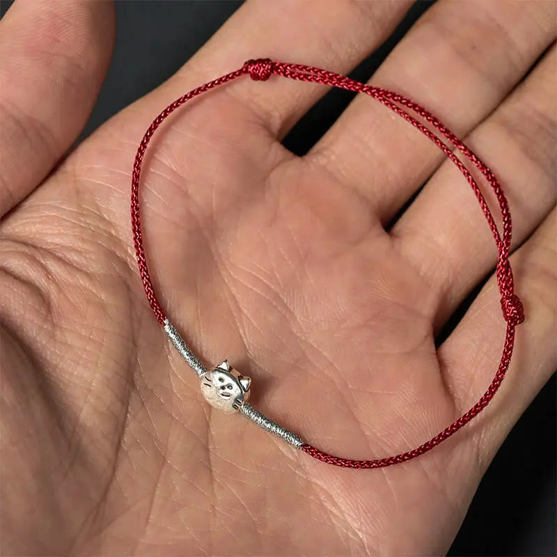 Fortune Jewel 925 Sterling Silver Cute Cat Red String Braided Bracelet Fortune Jewel